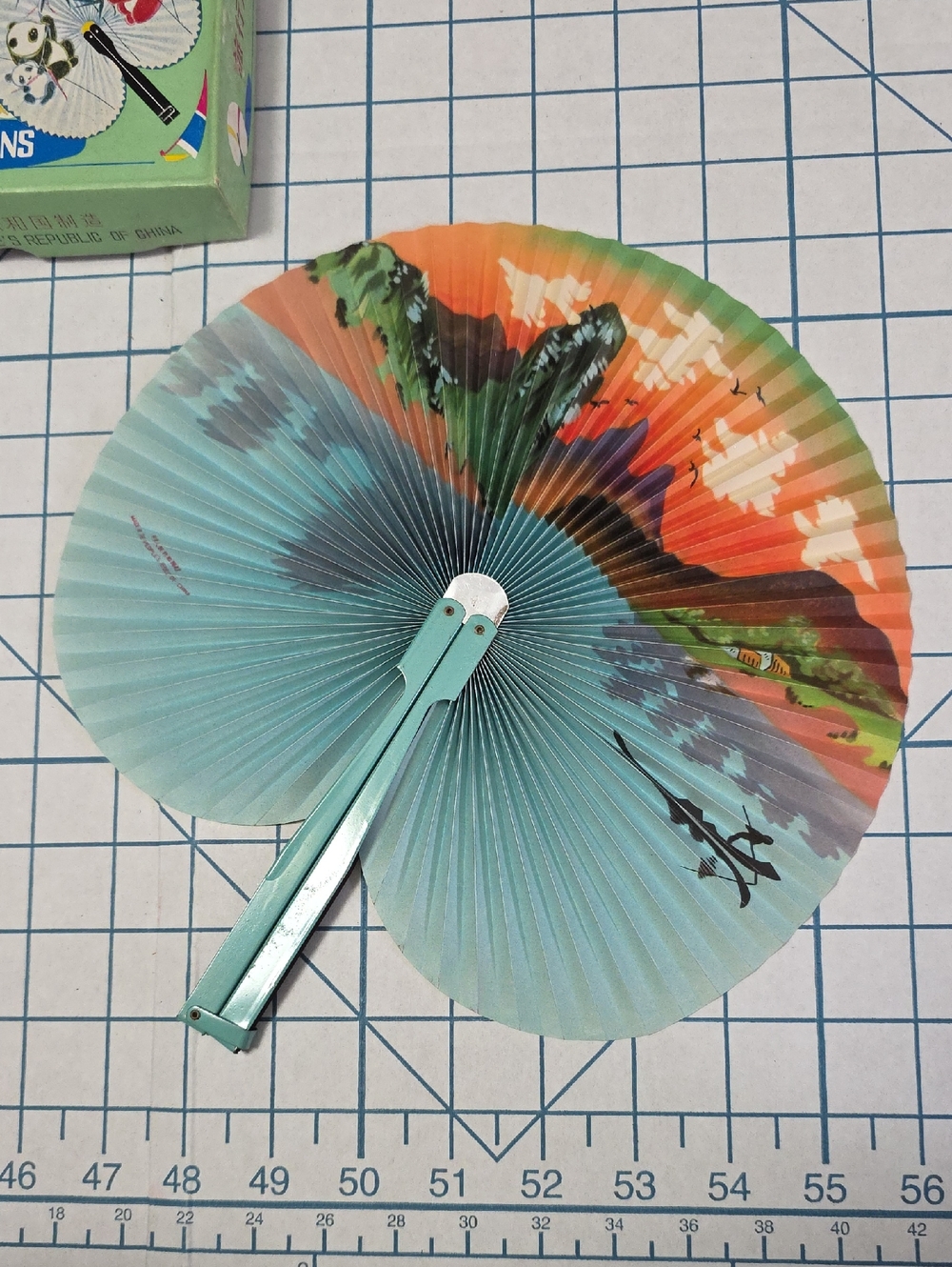 Chinese Paper Folding Hand Fan W/Metal Handle, Vintage Mid-Century, 43
